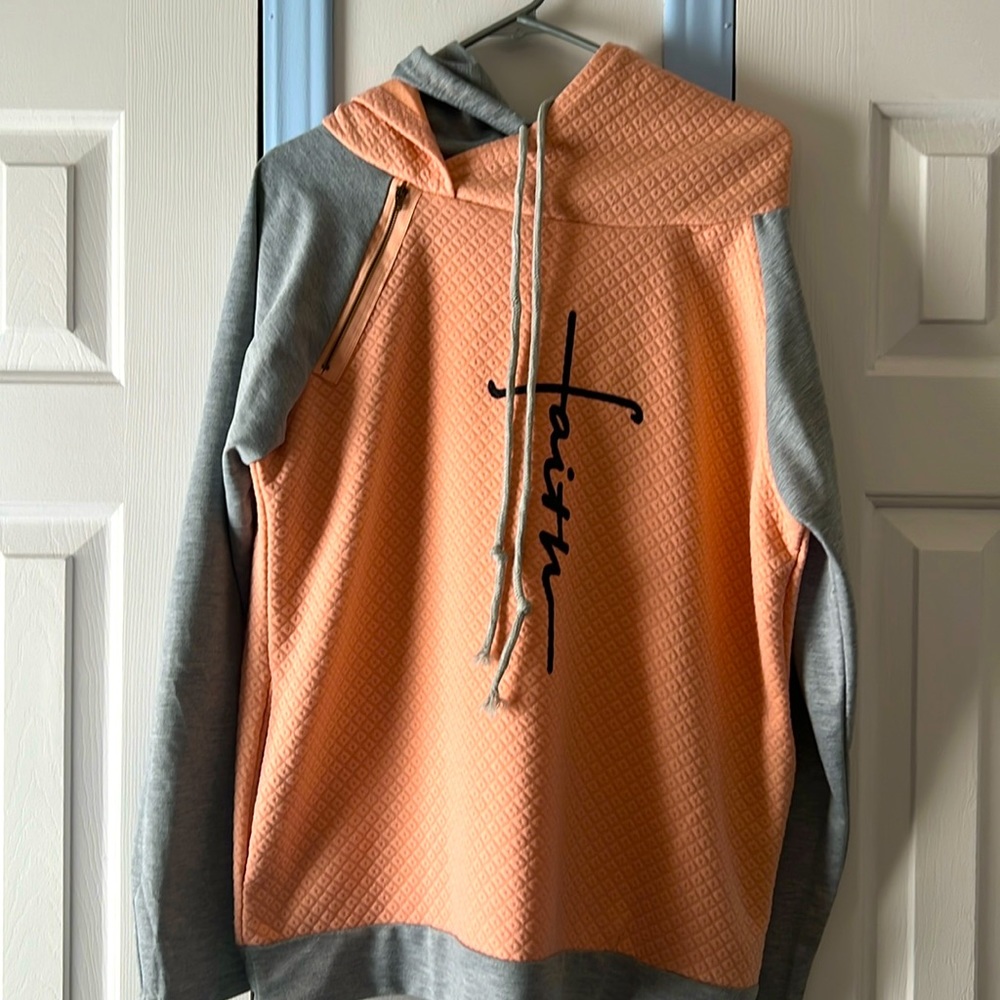 Large peach and grey double hooded hoodie